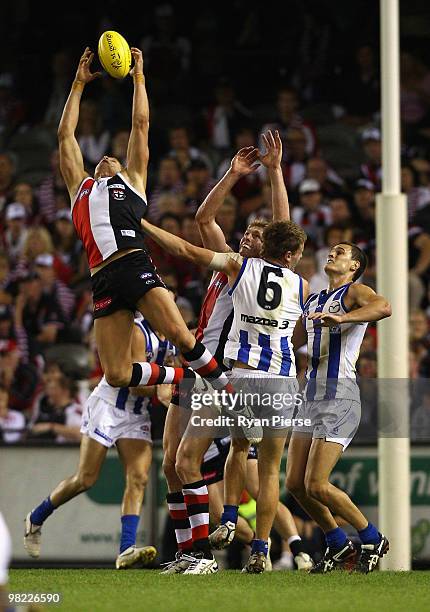 Nick Riewoldt of the Saints takes a strong mark during the round two AFL match between the St Kilda Saints and the North Melbourne Kangaroos at...