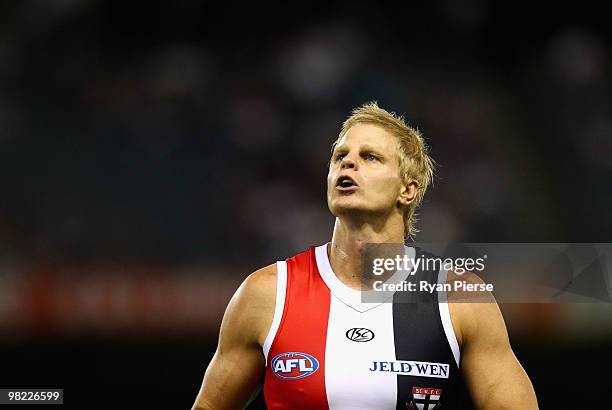 Nick Riewoldt of the Saints looks on during the round two AFL match between the St Kilda Saints and the North Melbourne Kangaroos at Etihad Stadium...