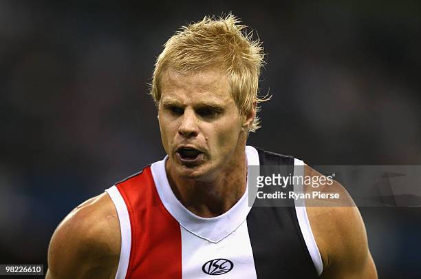 Nick Riewoldt of the Saints looks on during the round two AFL match between the St Kilda Saints and the North Melbourne Kangaroos at Etihad Stadium...