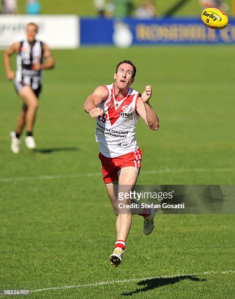 Chris Bossong of South Fremantle handballs during the round three WAFL match between Swan Districts and South Fremantle at Steel Blue Oval on April...