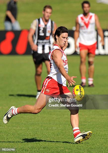 Nathan Phillips of South Fremantle kicks away during the round three WAFL match between Swan Districts and South Fremantle at Steel Blue Oval on...