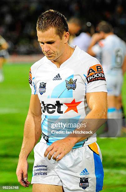 William Zillman of the Titans walks off the field after losing the round four NRL match between the North Queensland Cowboys and the Gold Coast...