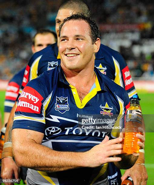 Matt Scott of the Cowboys smiles after winning the round four NRL match between the North Queensland Cowboys and the Gold Coast Titans at Dairy...