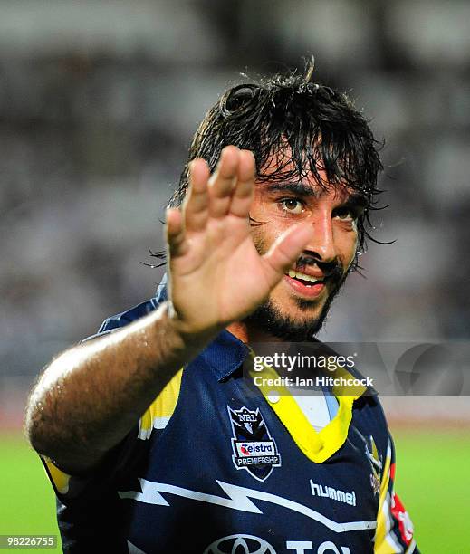 Johnathan Thurston of the Cowboys smiles after winning the round four NRL match between the North Queensland Cowboys and the Gold Coast Titans at...