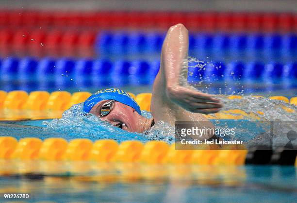 Hannah Miley competes in the Women's 400m Individual Medley at the British Gas Swimming Championships event at Ponds Forge Pool on April 3, 2010 in...