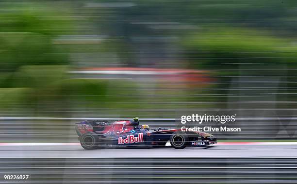 Jaime Alguersuari of Spain and Scuderia Toro Rosso drives during qualifying for the Malaysian Formula One Grand Prix at the Sepang Circuit on April...