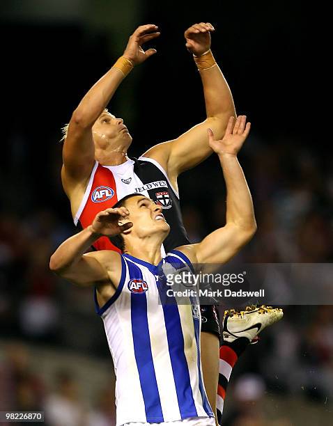 Nick Riewoldt of the Saints flies for a mark over Scott Thompson of the Kangaroos during the round two AFL match between the St Kilda Saints and the...