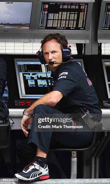 Red Bull Racing Team Principal Christian Horner is seen on the pitwall during qualifying for the Malaysian Formula One Grand Prix at the Sepang...