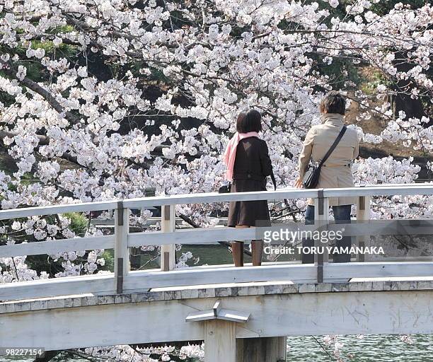 Young couple admires the cherry blossom in full-bloom at a park in Tokyo on April 3, 2010. Many Japanese people visited cherry blossom spots today to...