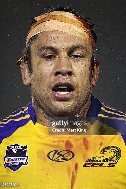 Nathan Cayless of the Eels looks on after sustaining a head cut during the round four NRL match between the Cronulla Sharks and the Parramatta Eels...