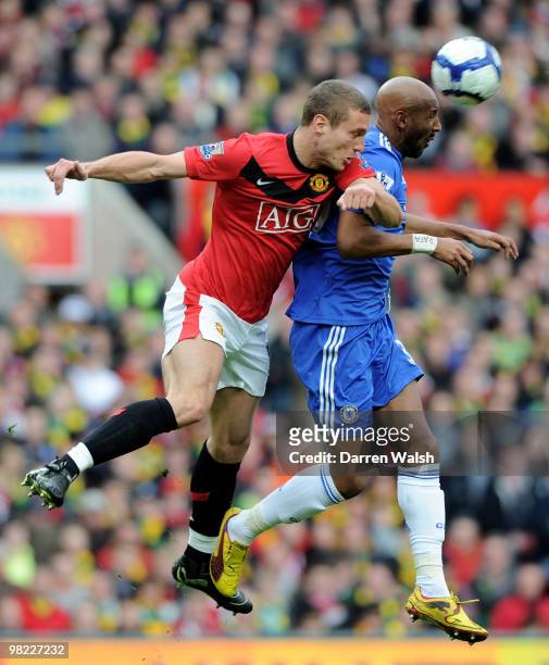 Nemanja Vidic of Manchester United competes for the ball with Nicolas Anelka of Chelsea during the Barclays Premier League match between Manchester...