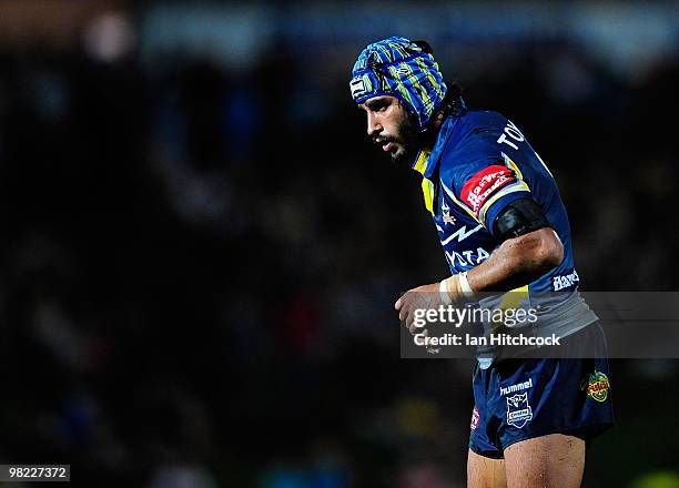 Johnathan Thurston of the Cowboys looks on during the round four NRL match between the North Queensland Cowboys and the Gold Coast Titans at Dairy...