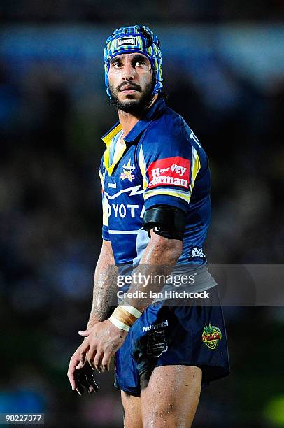 Johnathan Thurston of the Cowboys lines up a conversion attempt during the round four NRL match between the North Queensland Cowboys and the Gold...