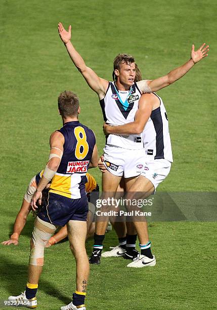 Jason Davenport of the Power celebrates scoring a goal during the round two AFL match between the West Coast Eagles and Port Adelaide Power at...