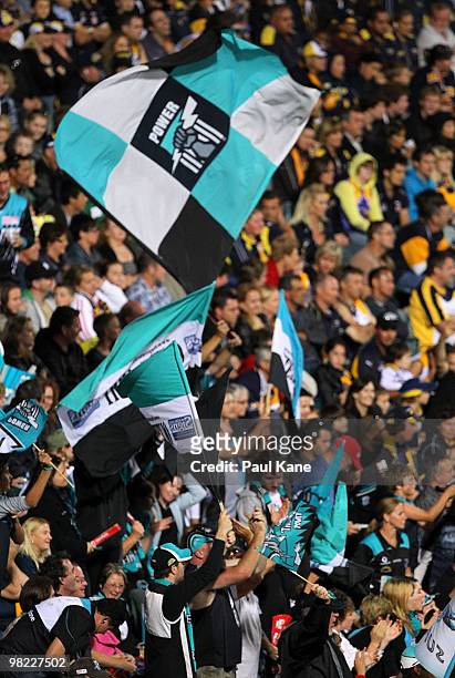 Power fans celebrate a goal during the round two AFL match between the West Coast Eagles and Port Adelaide Power at Subiaco Oval on April 3, 2010 in...