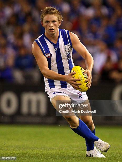 Jack Ziebell of the Kangaroos gathers the ball during the round two AFL match between the St Kilda Saints and the North Melbourne Kangaroos at Etihad...