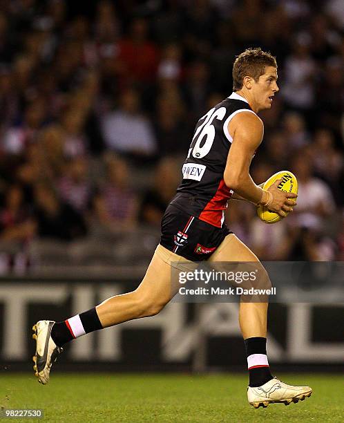 Nick Dal Santo of the Saints gathers the ball during the round two AFL match between the St Kilda Saints and the North Melbourne Kangaroos at Etihad...