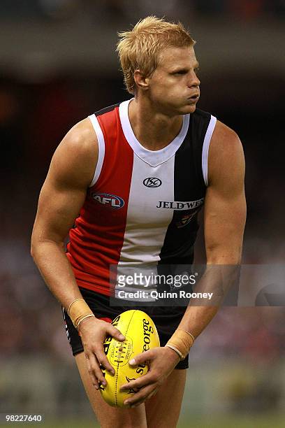 Nick Riewoldt of the Saints kicks during the round two AFL match between the St Kilda Saints and the North Melbourne Kangaroos at Etihad Stadium on...