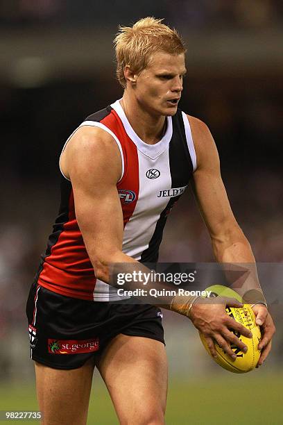 Nick Riewoldt of the Saints kicks during the round two AFL match between the St Kilda Saints and the North Melbourne Kangaroos at Etihad Stadium on...