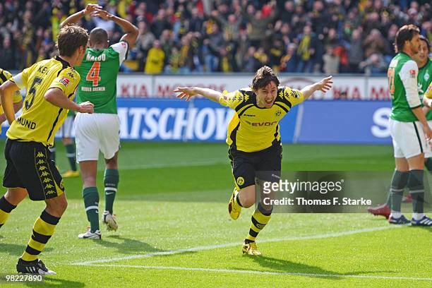 Neven Subotic of Dortmund celebrates his teams second goal during the Bundesliga match between Borussia Dortmund and SV Werder Bremen at Signal Iduna...