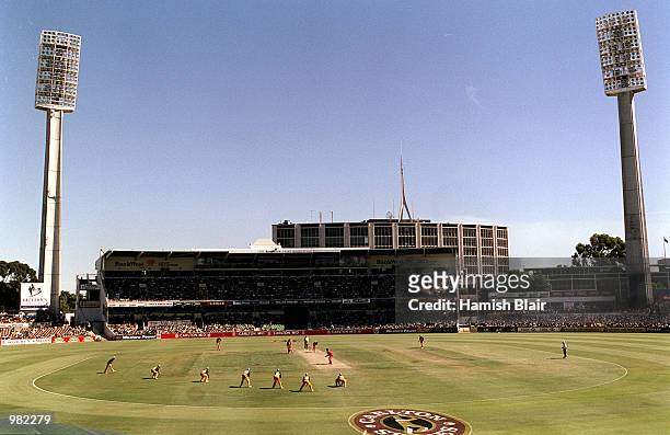 General view of the WACA as Brett Lee of Australia bowls to Andy Flower of Zimbabwe during the Carlton Series One Day International between Australia...