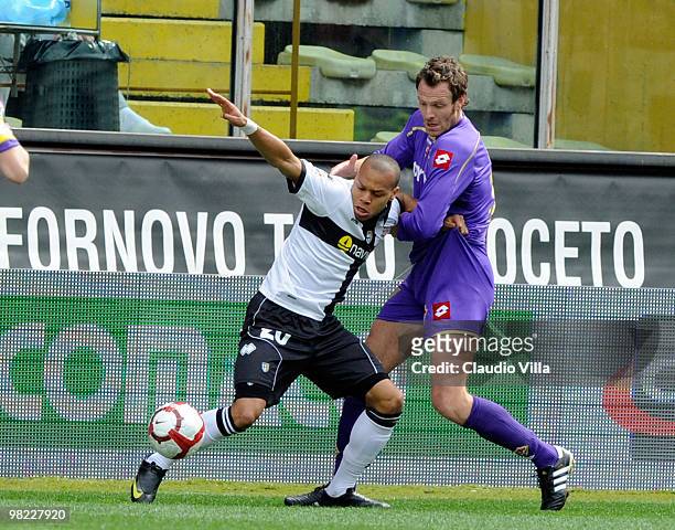 Jonathan Biabiany of Parma FC competes for the ball with Per Kroldrup and Cesare Natali of ACF Fiorentina during the Serie A match between Parma FC...