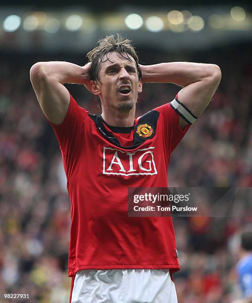 Gary Neville of Manchester United shows his disappointment after the FA Barclays Premier League match between Manchester United and Chelsea at Old...