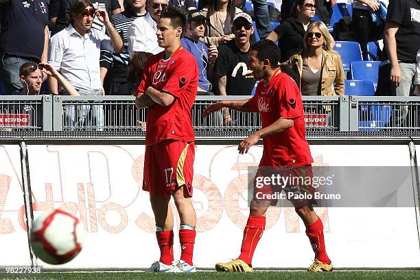 Marek Hamsik with his team mate Gargano of SSC Napoli celebrating after scoring the goal during the Serie A match between SS Lazio and SSC Napoli at...