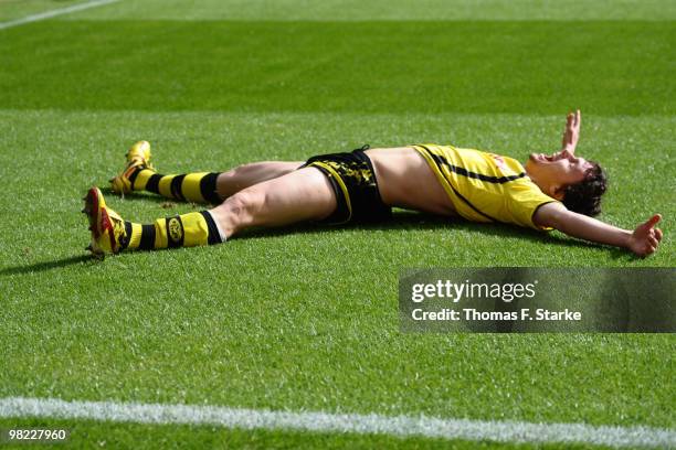 Neven Subotic of Dortmund celebrates his teams second goal during the Bundesliga match between Borussia Dortmund and SV Werder Bremen at Signal Iduna...