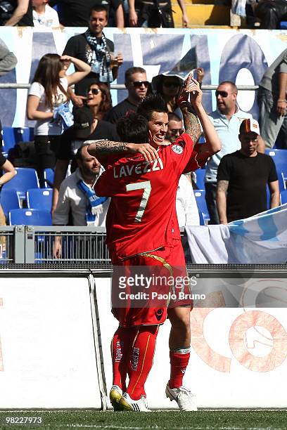 Marek Hamsik with his team mate Ivan Ezequiel Lavezzi of SSC Napoli celebrating after scoring the goal during the Serie A match between SS Lazio and...
