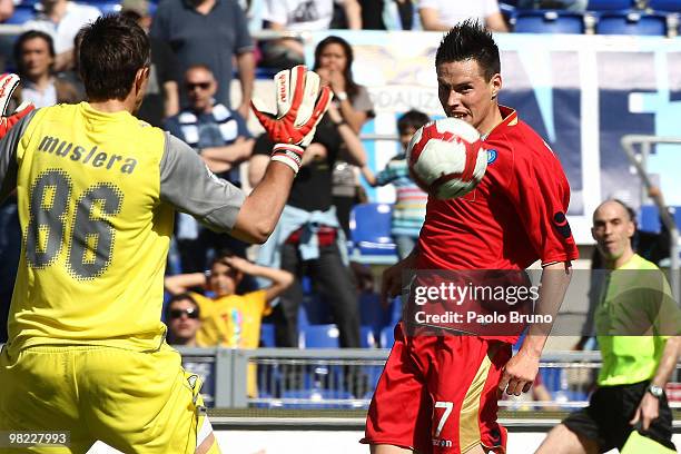 Marek Hamsik of SSC Napoli scores a goal during the Serie A match between SS Lazio and SSC Napoli at Stadio Olimpico on April 3, 2010 in Rome, Italy.