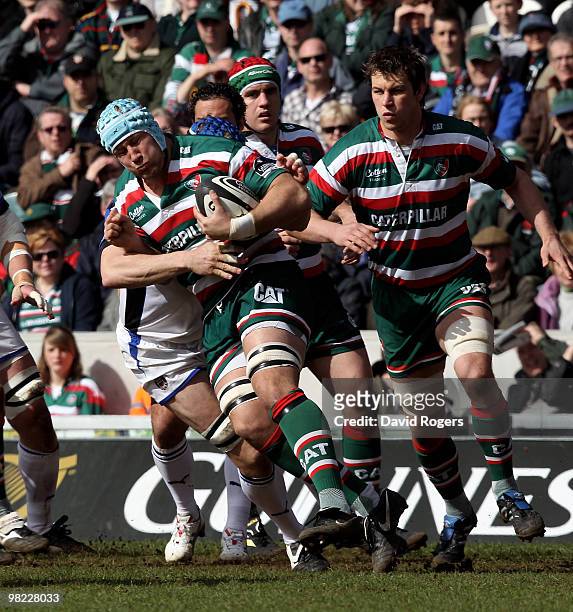Jordan Crane of Leicester powers away with the ball during the Guinness Premiership match between Leicester Tigers and Bath at Welford Road on April...