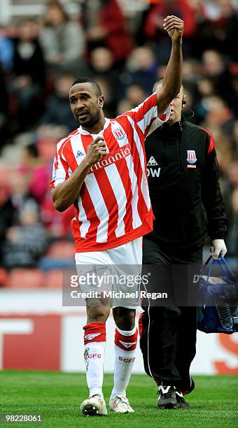 Ricardo Fuller of Stoke celebrates after being injured scoring the first goal during the Barclays Premier League match between Stoke City and Hull...