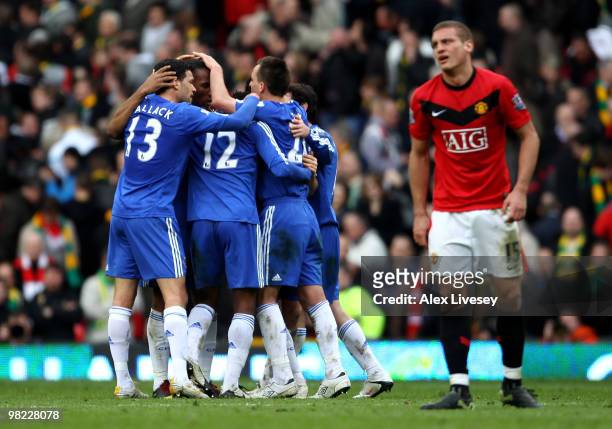 The Chelsea players celebrate at the end of the Barclays Premier League match between Manchester United and Chelsea at Old Trafford on April 3, 2010...