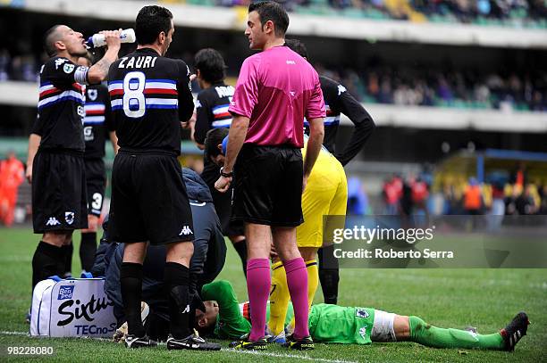 Goal keeper Marco Storari of Sampdoria lies injured on the pitch during the Serie A match between AC Chievo Verona and UC Sampdoria at Stadio...