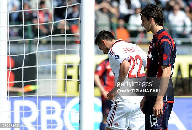 Cagliari's defender Davide Astori looks on after scoring during their Italian Serie A football match against Milan on April 3, 2010 at St.Elia...