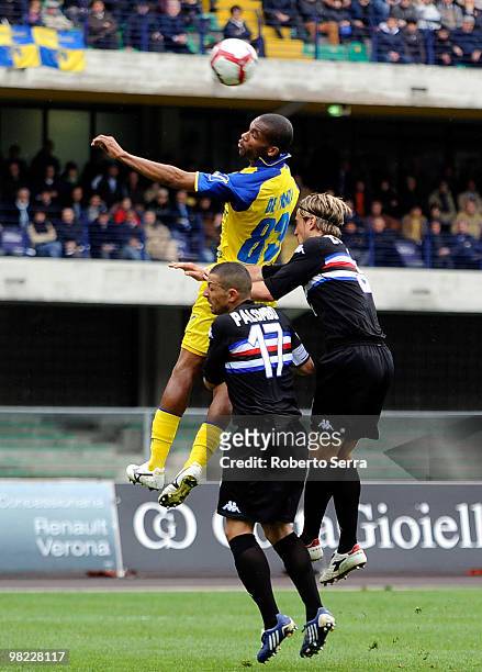 Marcos Ariel De Paula of Chievo competes with Angelo Palombo and Reto Ziegler of Sampdoria during the Serie A match between AC Chievo Verona and UC...