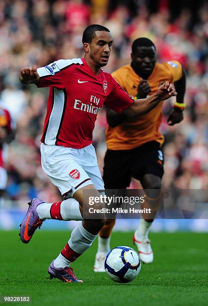 Theo Walcott of Arsenal makes a run into the box during the Barclays Premier League match between Arsenal and Wolverhampton Wanderers at the Emirates...