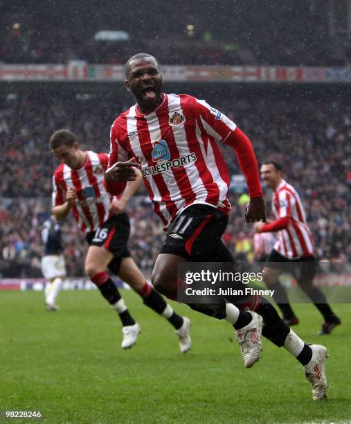 Darren Bent of Sunderland celebrates scoring his second goal from the penalty spot during the Barclays Premier League match between Sunderland and...