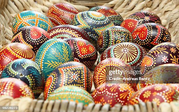 Painted easter eggs in traditional Sorbian motives are pictured on the season opening of the open-air museum Lehde on April 3, 2010 in Lehde, near...