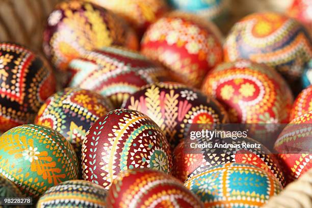 Painted easter eggs in traditional Sorbian motives are pictured on the season opening of the open-air museum Lehde on April 3, 2010 in Lehde, near...