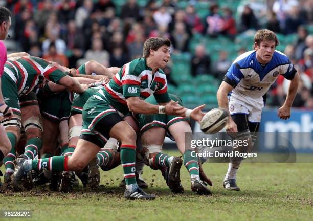 Ben Youngs of Leicester passes the ball during the Guinness Premiership match between Leicester Tigers and Bath at Welford Road on April 3, 2010 in...