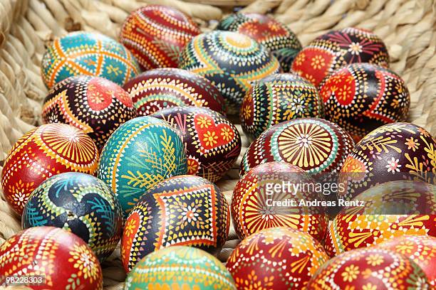 Painted easter eggs in traditional Sorbian motives are pictured on the season opening of the open-air museum Lehde on April 3, 2010 in Lehde, near...