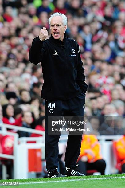 Manager of Wolverhampton Wanderers, Mick McCarthy gestures during the Barclays Premier League match between Arsenal and Wolverhampton Wanderers at...