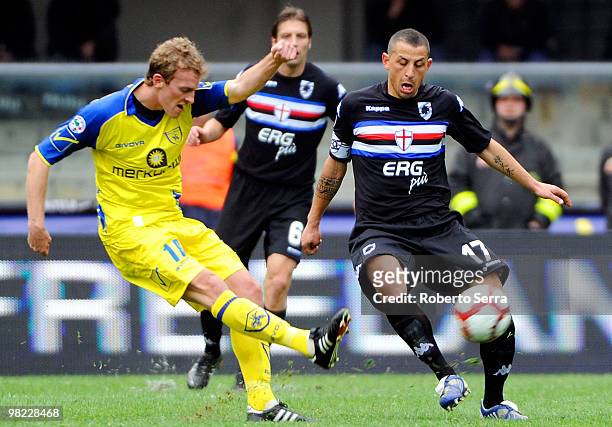 Luca Rigoni of Chievo competes with Angelo Palombo of Sampdoria during the Serie A match between AC Chievo Verona and UC Sampdoria at Stadio...