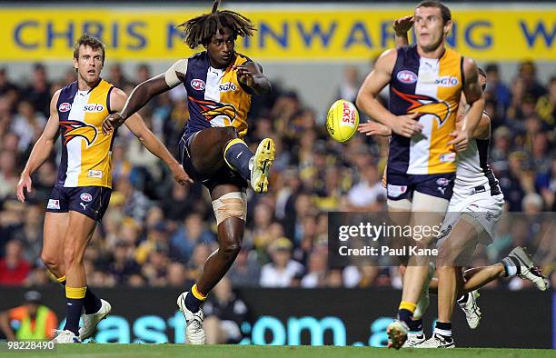 Nic Naitanui of the Eagles clears the ball during the round two AFL match between the West Coast Eagles and Port Adelaide Power at Subiaco Oval on...