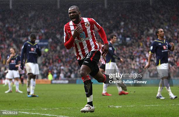 Darren Bent of Sunderland celebrates scoring his second goal from the penalty spot during the Barclays Premier League match between Sunderland and...