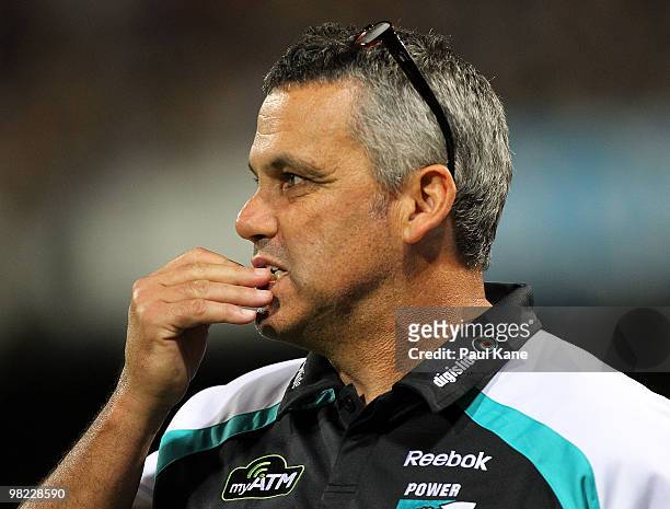 Mark Williams, coach of the Power looks on during the round two AFL match between the West Coast Eagles and Port Adelaide Power at Subiaco Oval on...