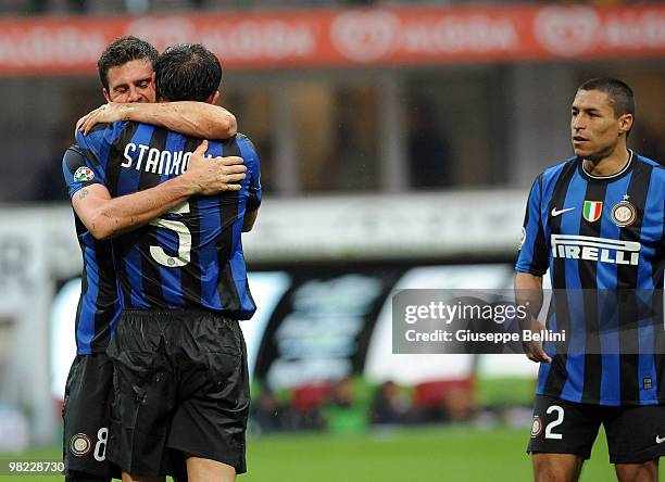 Dejan Stankovic and Thiago Motta of Inter celebrate Thiago Motta's goal during the Serie A match between FC Internazionale Milano and Bologna FC at...