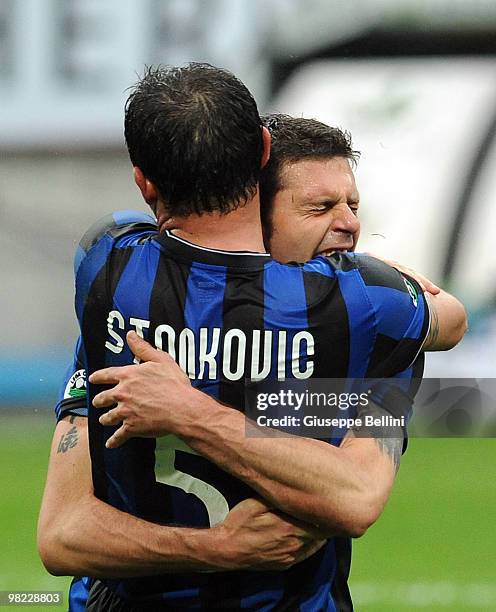 Dejan Stankovic and Thiago Motta of Inter celebrate Thiago Motta's goal during the Serie A match between FC Internazionale Milano and Bologna FC at...